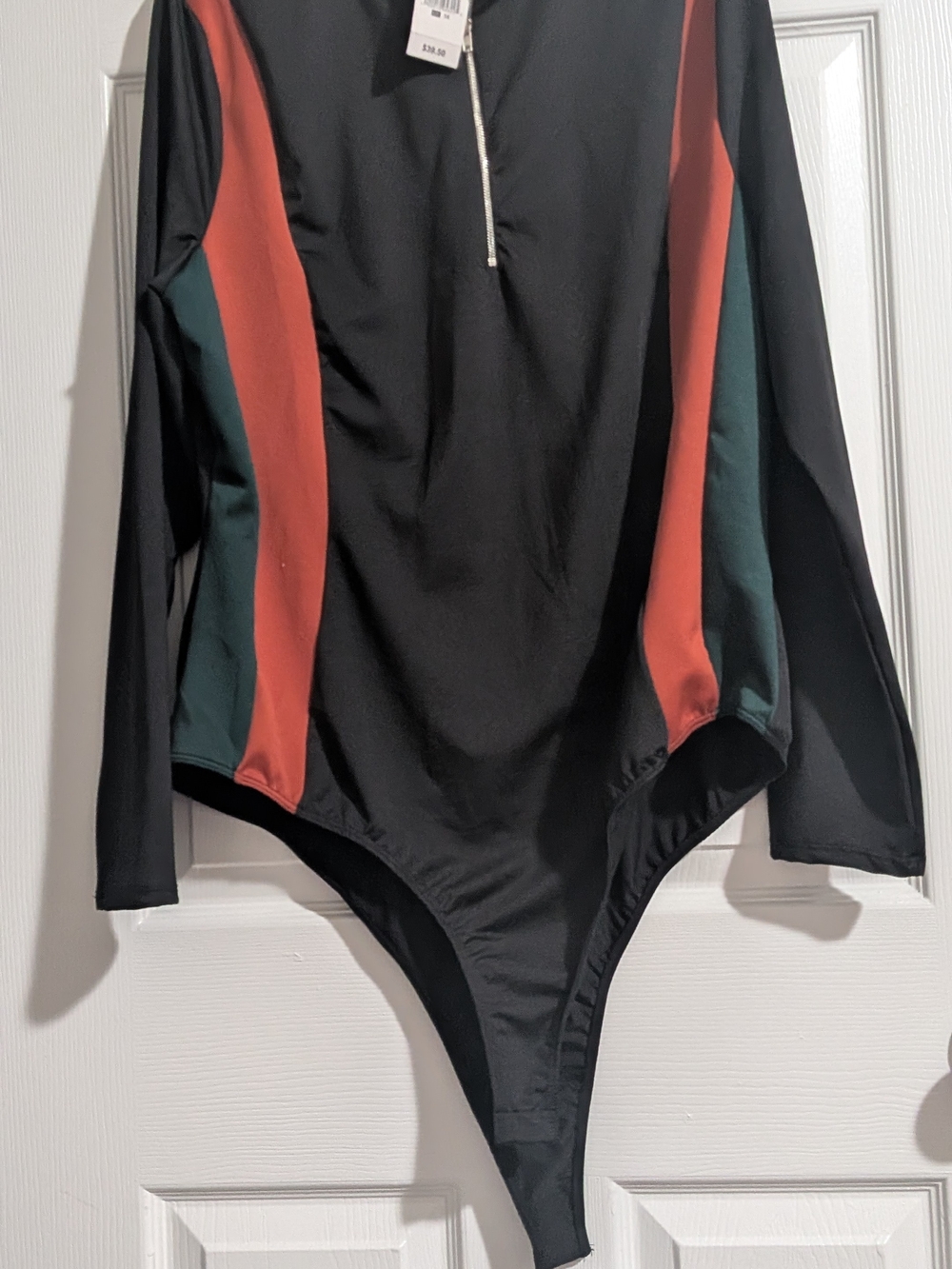 Ashley Stewart Black Rash Guard Bodysuit with Rust and Teal Panels